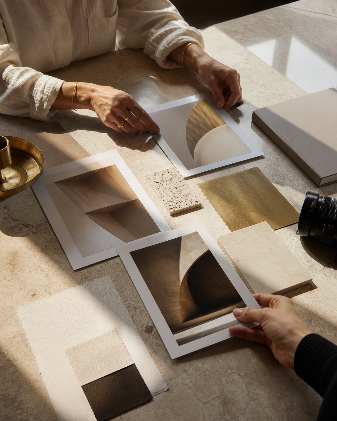 Creative direction materials arranged on a warm limestone table